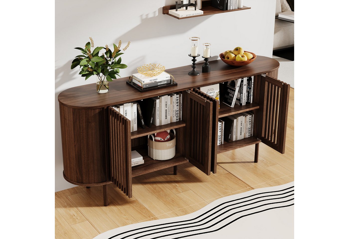 Merax Sideboard mit 4 perforierten Schiebetüren & verstellbaren Einlegeböden (160x40x70cm, 1 St), Kommode Buffet Anrichte Buffetschrank Schrank mit Metallbeinen – Bild 2 von 5