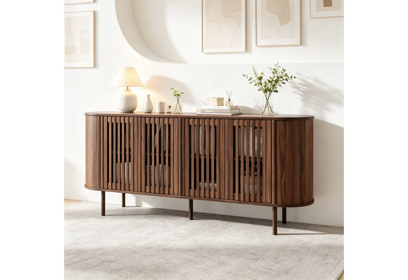 Merax Sideboard mit 4 perforierten Schiebetüren & verstellbaren Einlegeböden (160x40x70cm, 1 St), Kommode Buffet Anrichte Buffetschrank Schrank mit Metallbeinen – Bild 3 von 5