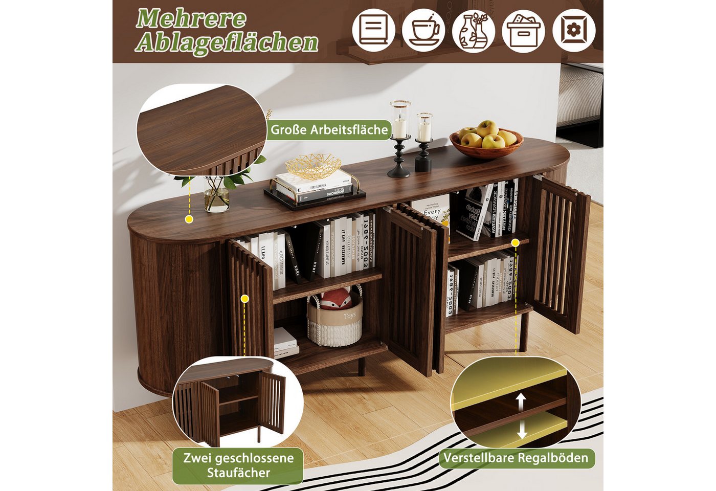 Merax Sideboard mit 4 perforierten Schiebetüren & verstellbaren Einlegeböden (160x40x70cm, 1 St), Kommode Buffet Anrichte Buffetschrank Schrank mit Metallbeinen – Bild 4 von 5