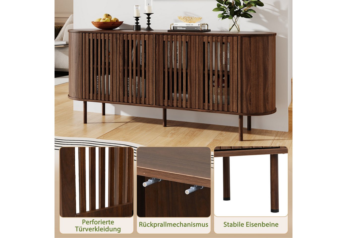 Merax Sideboard mit 4 perforierten Schiebetüren & verstellbaren Einlegeböden (160x40x70cm, 1 St), Kommode Buffet Anrichte Buffetschrank Schrank mit Metallbeinen – Bild 5 von 5