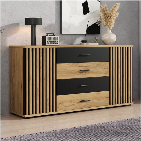 Merax Sideboard mit 4 Schubladen, 2 Türen, verstellbaren Einlegeböden & Stauraum (Wohnzimmerschrank 140x35x70cm, 1 St), Kommode mit vertikaler Rillenoptik & Eic