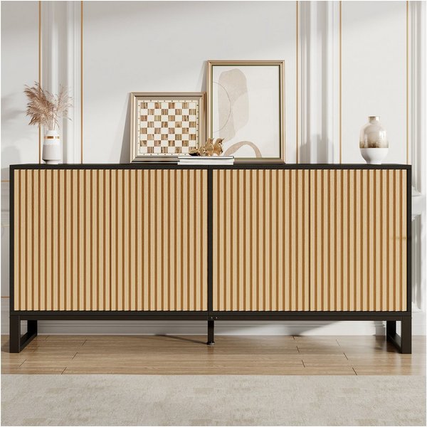 Merax Sideboard mit 4 Türen, höhenverstellbaren Einlegeböde & Stauraum (160 L x 40 B x 75 H cm, 1 St), Kommode mit vertikaler Rillenoptik, Flurschrank Schuhschr