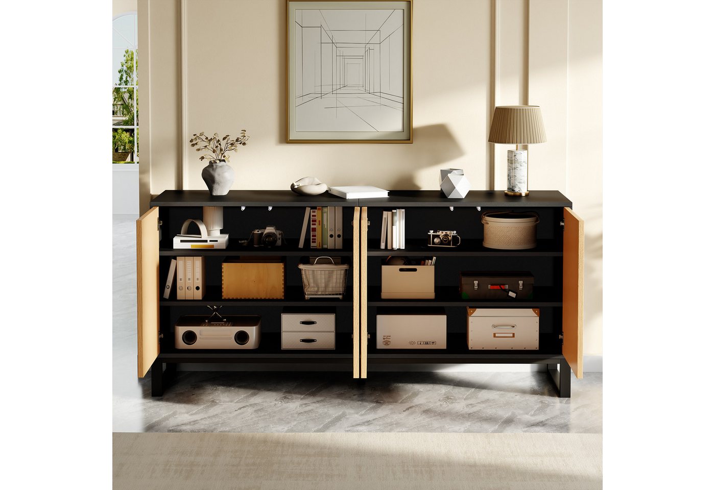 Merax Sideboard mit 4 Türen, höhenverstellbaren Einlegeböde & Stauraum (160 L x 40 B x 75 H cm, 1 St), Kommode mit vertikaler Rillenoptik, Flurschrank Schuhschr – Bild 2 von 5