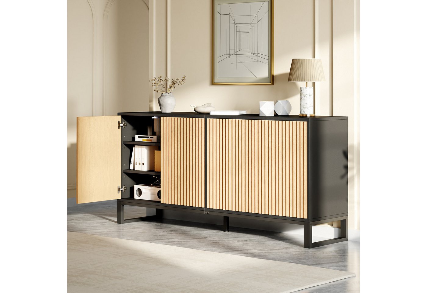 Merax Sideboard mit 4 Türen, höhenverstellbaren Einlegeböde & Stauraum (160 L x 40 B x 75 H cm, 1 St), Kommode mit vertikaler Rillenoptik, Flurschrank Schuhschr – Bild 3 von 5