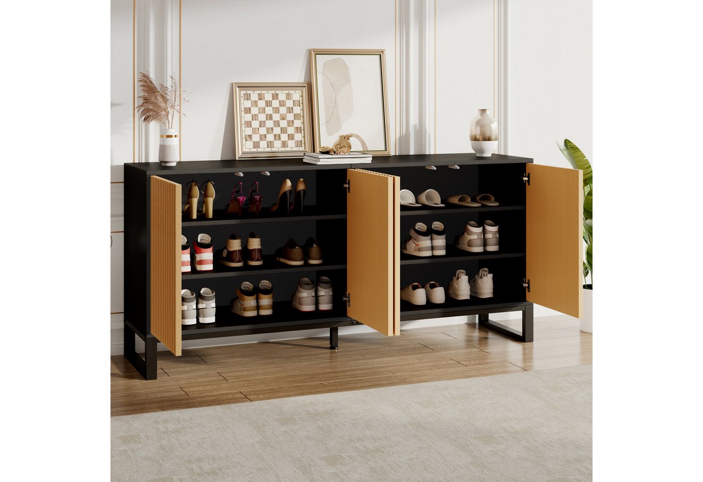Merax Sideboard mit 4 Türen, höhenverstellbaren Einlegeböde & Stauraum (160 L x 40 B x 75 H cm, 1 St), Kommode mit vertikaler Rillenoptik, Flurschrank Schuhschr – Bild 4 von 5