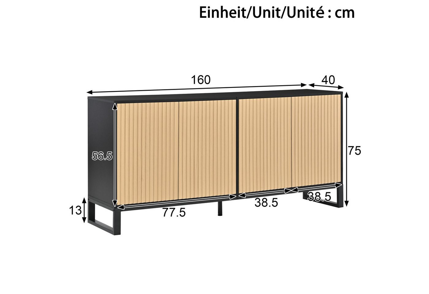 Merax Sideboard mit 4 Türen, höhenverstellbaren Einlegeböde & Stauraum (160 L x 40 B x 75 H cm, 1 St), Kommode mit vertikaler Rillenoptik, Flurschrank Schuhschr – Bild 5 von 5