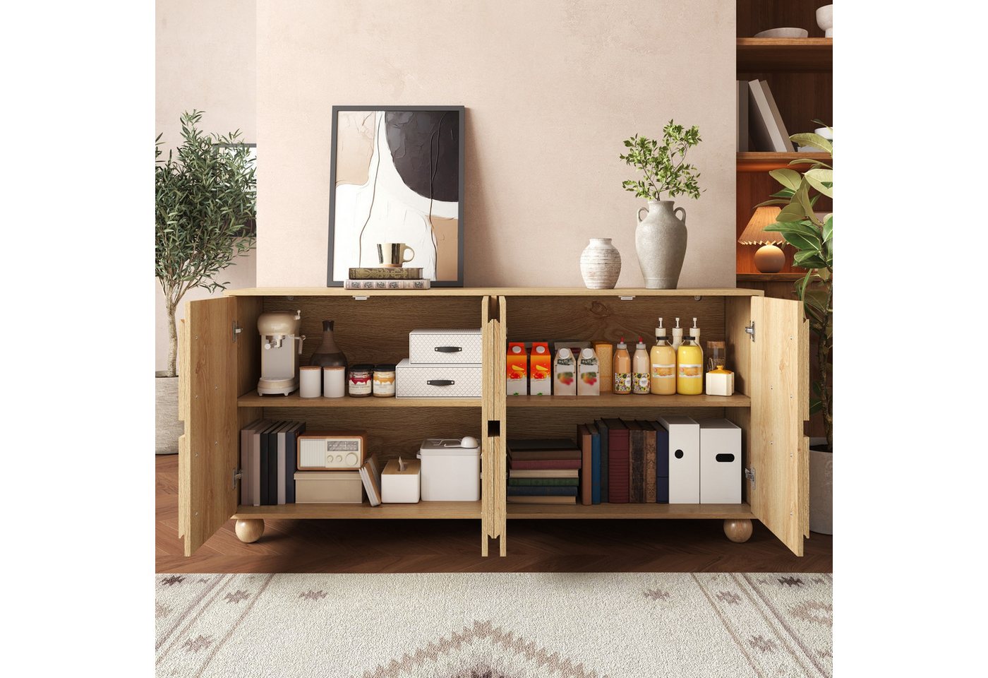 Merax Sideboard mit 4 Türen, verstellbaren Einlegeböden & Stauraum (160 x 38 x 76 cm (L x B x H), 1 St), Aufbewahrungsschrank Kommode mit kreisförmige Reliefopt – Bild 2 von 5