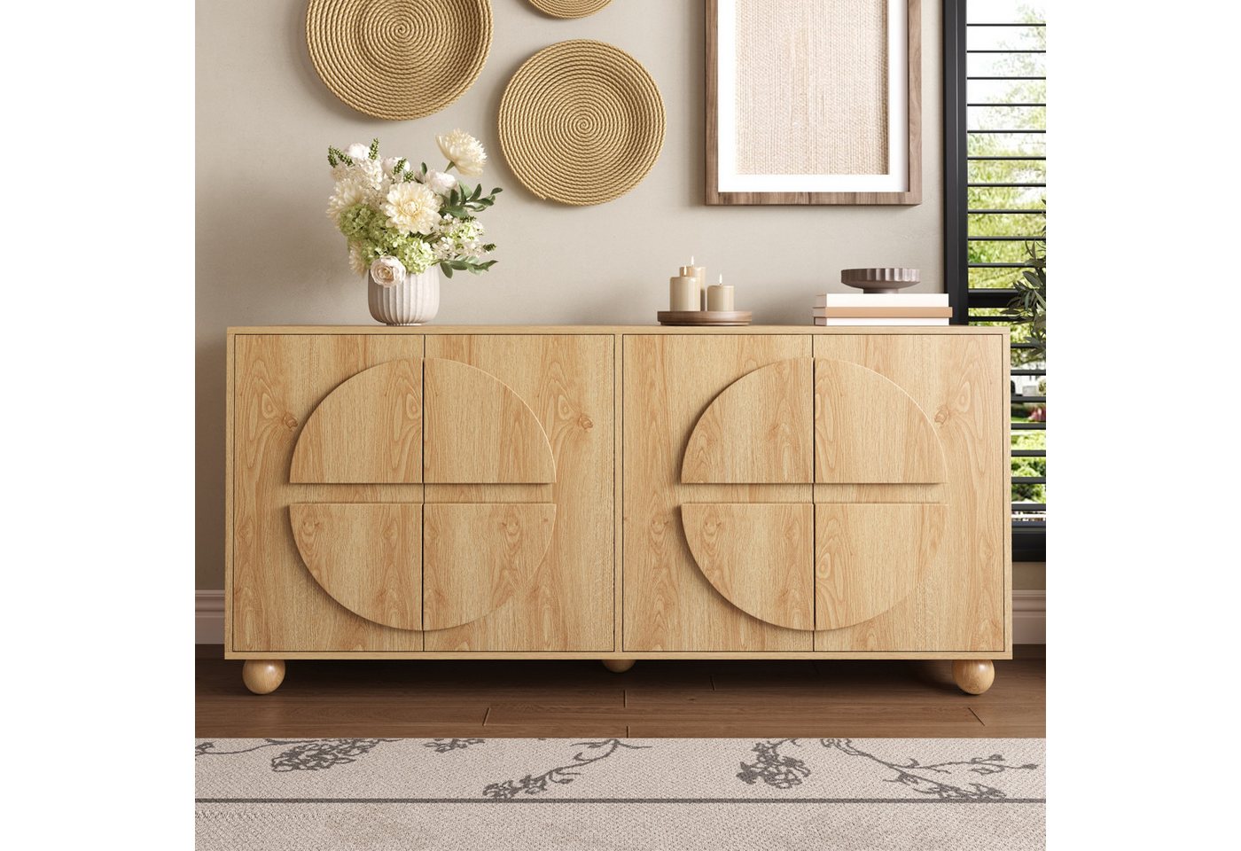 Merax Sideboard mit 4 Türen, verstellbaren Einlegeböden & Stauraum (160 x 38 x 76 cm (L x B x H), 1 St), Aufbewahrungsschrank Kommode mit kreisförmige Reliefopt – Bild 3 von 5