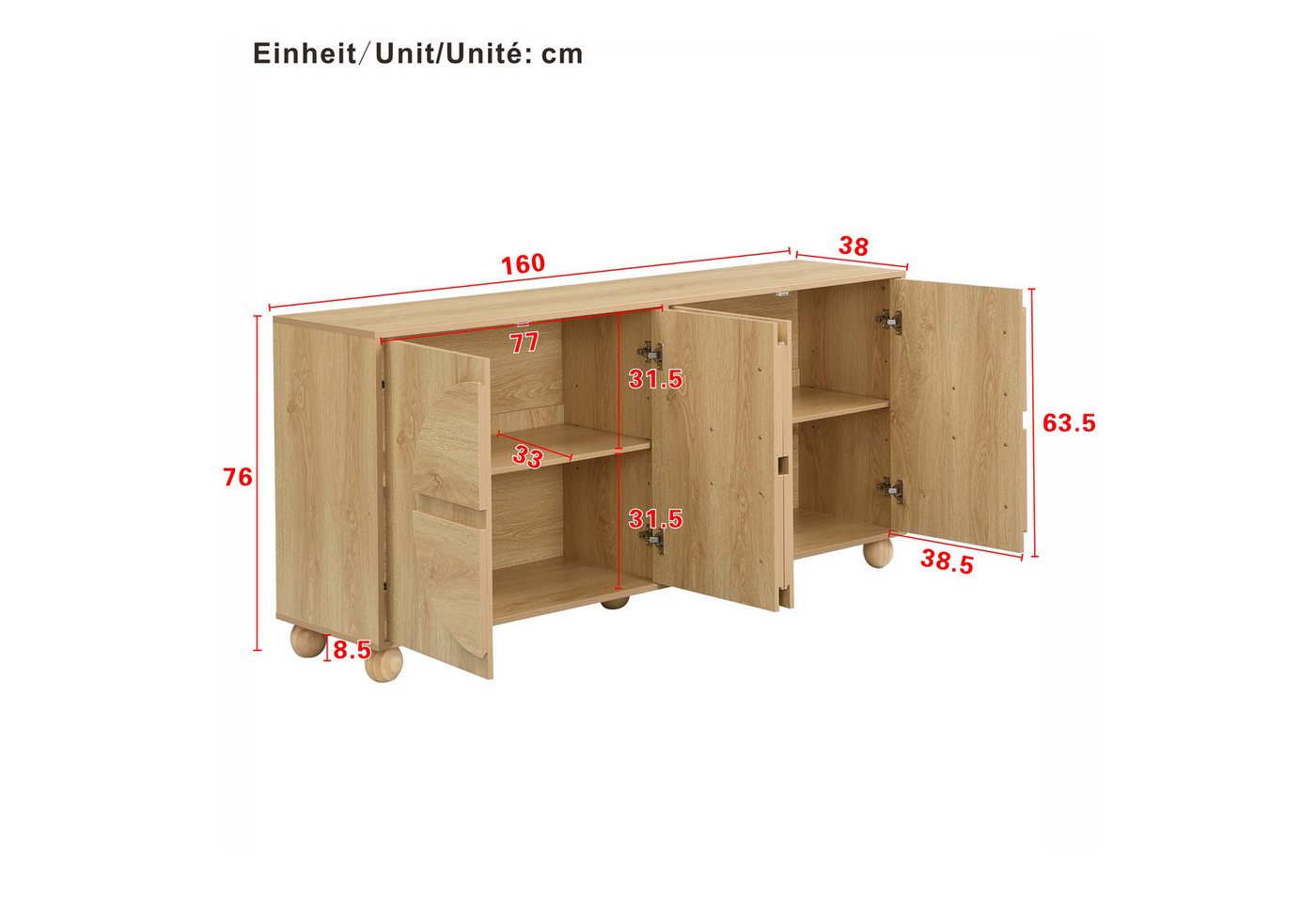 Merax Sideboard mit 4 Türen, verstellbaren Einlegeböden & Stauraum (160 x 38 x 76 cm (L x B x H), 1 St), Aufbewahrungsschrank Kommode mit kreisförmige Reliefopt – Bild 5 von 5