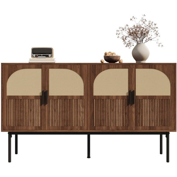 Merax Sideboard mit 4 Türen, Rattanfurnier und Walnussholz-Optik (1 St., Aufbewahrungsschrank Anrichte), Kommode mit Stauraum, gedämpften Scharnieren & Stahlbei