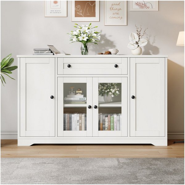 Merax Sideboard mit 4 Türen, 2 Glastüren, 1 Schublade und verstellbaren Einlegeböden (1 St., 138 x 40 x 83 cm (L x B x H), Kommode Wohnzimmerschrank Aufbewahrun