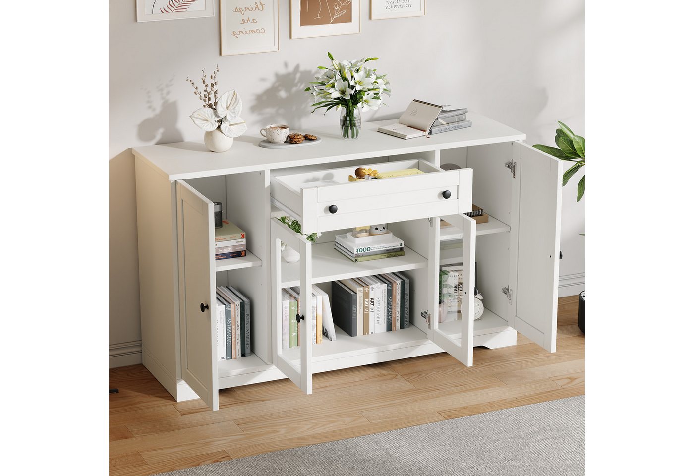 Merax Sideboard mit 4 Türen, 2 Glastüren, 1 Schublade und verstellbaren Einlegeböden (1 St., 138 x 40 x 83 cm (L x B x H), Kommode Wohnzimmerschrank Aufbewahrun – Bild 2 von 5