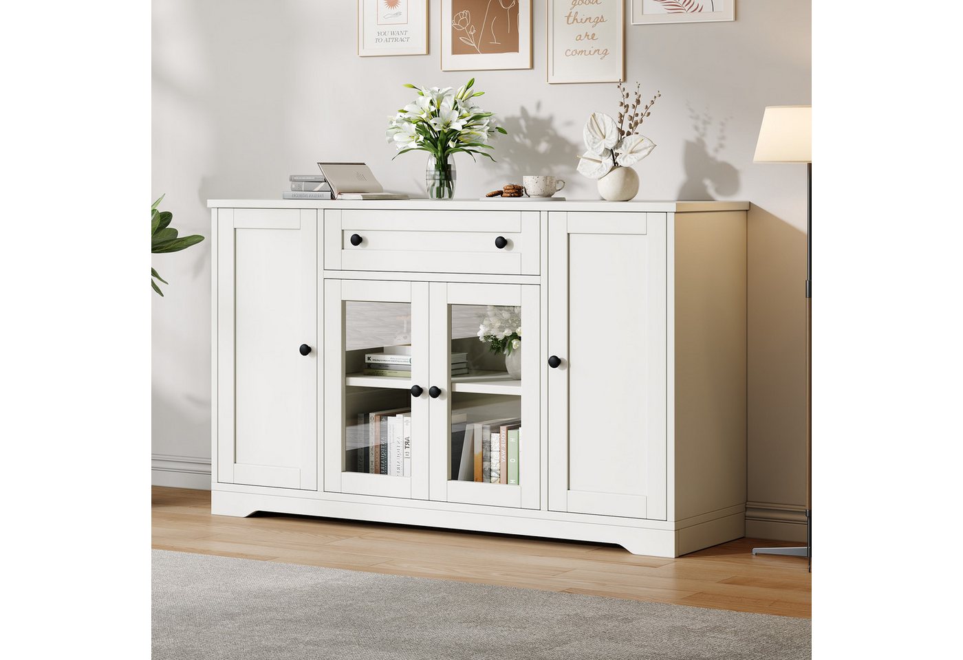 Merax Sideboard mit 4 Türen, 2 Glastüren, 1 Schublade und verstellbaren Einlegeböden (1 St., 138 x 40 x 83 cm (L x B x H), Kommode Wohnzimmerschrank Aufbewahrun – Bild 3 von 5