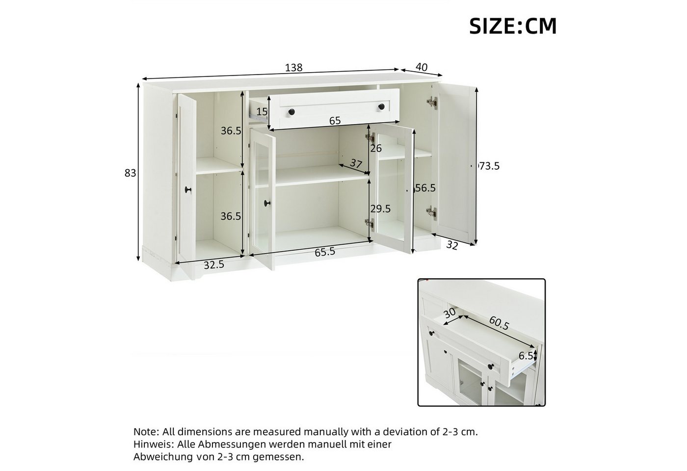 Merax Sideboard mit 4 Türen, 2 Glastüren, 1 Schublade und verstellbaren Einlegeböden (1 St., 138 x 40 x 83 cm (L x B x H), Kommode Wohnzimmerschrank Aufbewahrun – Bild 4 von 5
