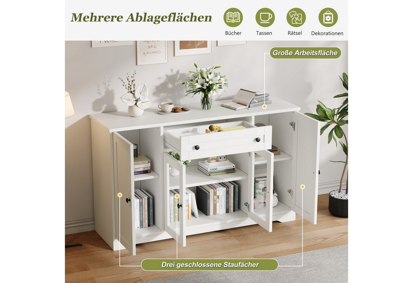 Merax Sideboard mit 4 Türen, 2 Glastüren, 1 Schublade und verstellbaren Einlegeböden (1 St., 138 x 40 x 83 cm (L x B x H), Kommode Wohnzimmerschrank Aufbewahrun – Bild 5 von 5