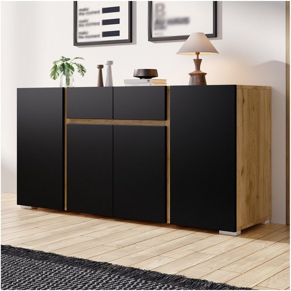 Merax Sideboard mit 4 Türen, 2 Schubladen & verstellbaren Einlegeböden (1 St), Kommode Stauraumschrank, 140 x 35 x 70 cm