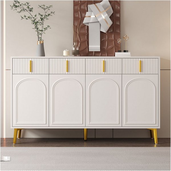 Merax Sideboard mit 4 Türen und 4 Schubladen (mit verstellbaren Einlegeböden und goldenen Beinen, H82/B140/ T37.8 cm), Kommode Anrichte Mehrzweckschrank für Woh