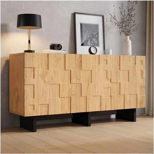 Merax Sideboard mit 5 Staufächern, 3 Türen und Stauraum, Waffelmuster Küchenschrank (1 St), Kommode mit Push-to-Open, Soft-Close & schwarzem Sockel, 140×40×70cm