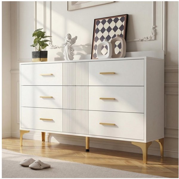 Merax Sideboard mit 6 Schubladen (1 St., Aufbewahrungsschrank Schrank für Wohnzimmer Schlafzimmer Flur), Kommode mit Wellenfront und Metallfüßen, Buffet, H76/B1