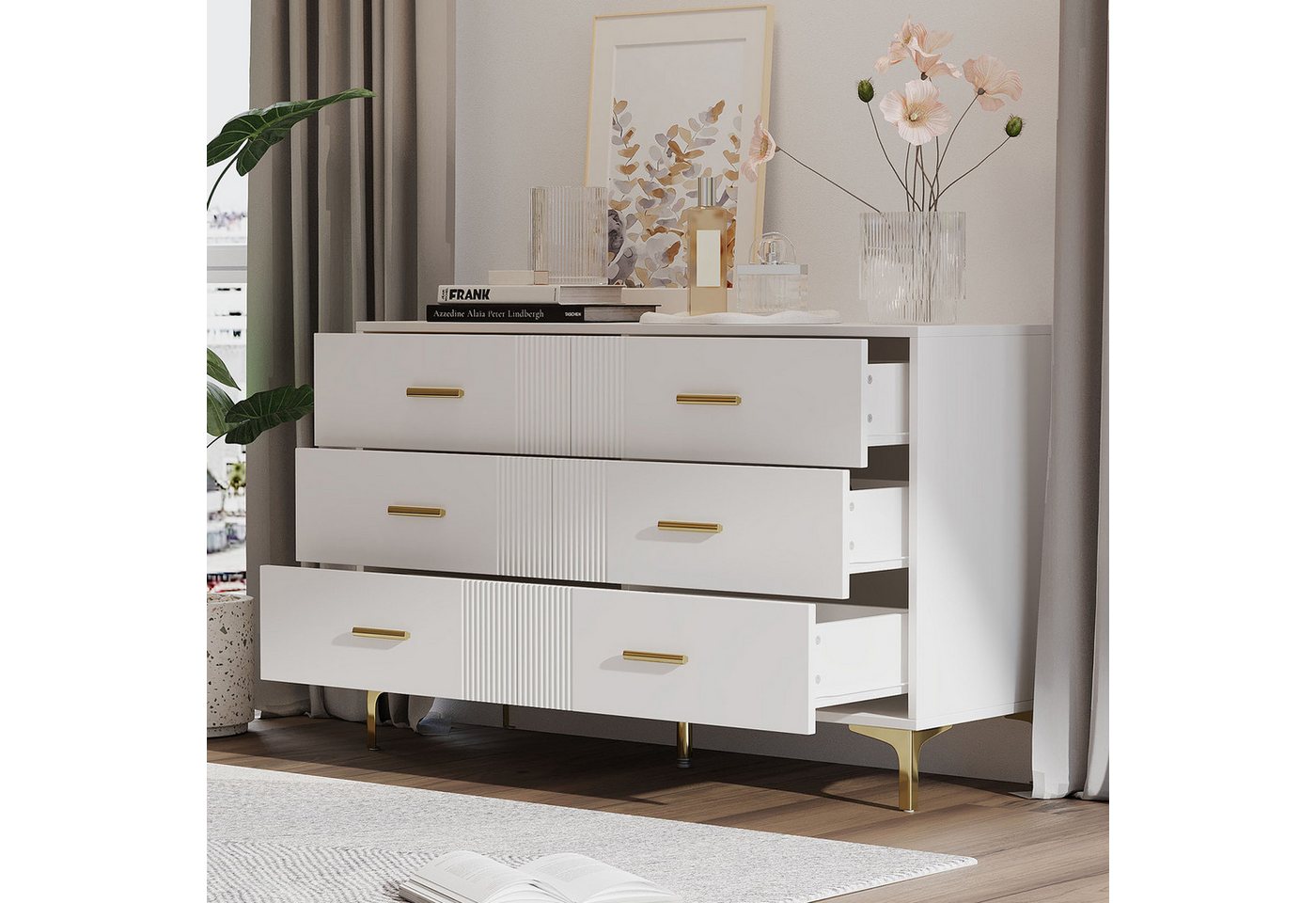 Merax Sideboard mit 6 Schubladen (1 St., Aufbewahrungsschrank Schrank für Wohnzimmer Schlafzimmer Flur), Kommode mit Wellenfront und Metallfüßen, Buffet, H76/B1 – Bild 2 von 5