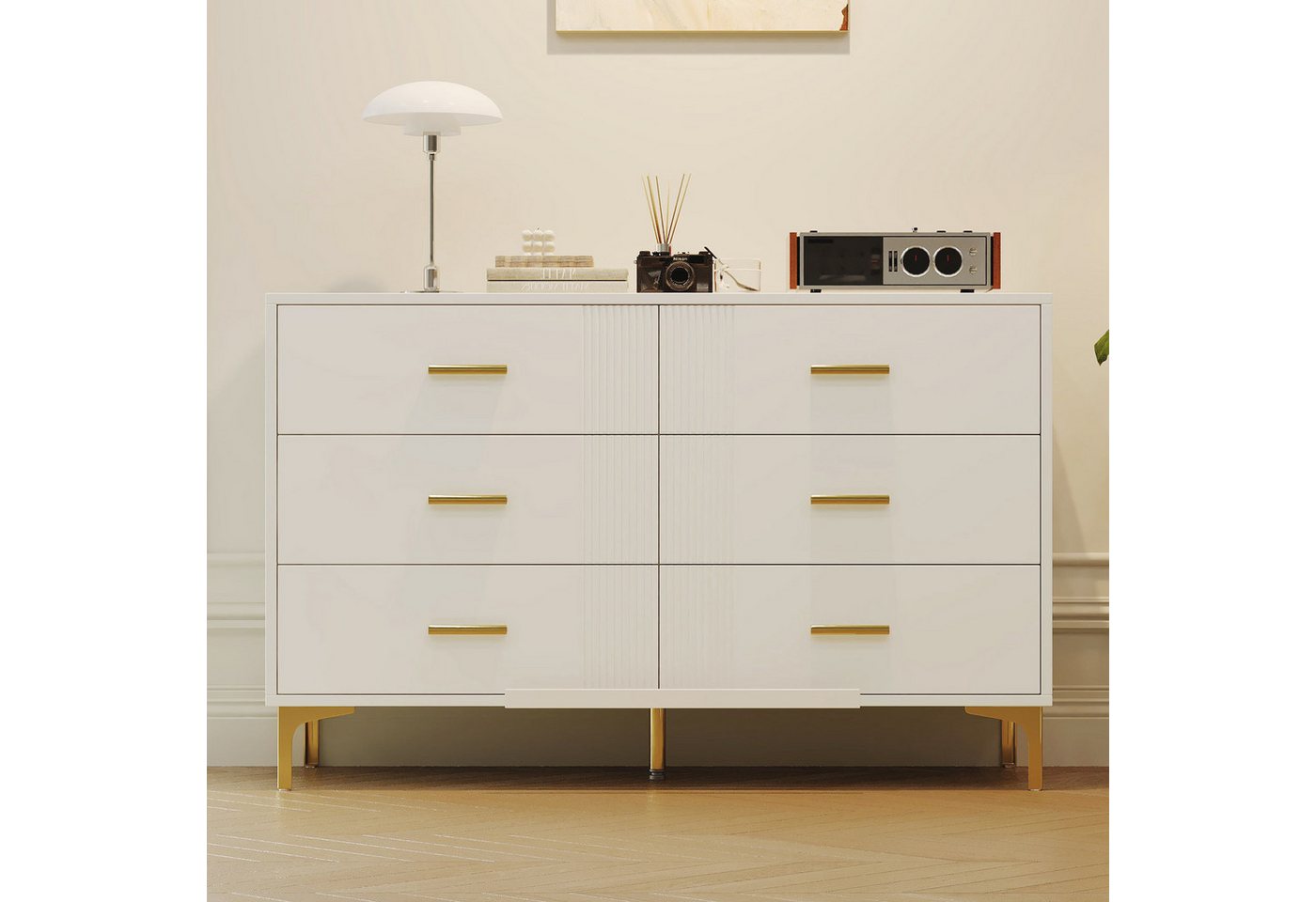 Merax Sideboard mit 6 Schubladen (1 St., Aufbewahrungsschrank Schrank für Wohnzimmer Schlafzimmer Flur), Kommode mit Wellenfront und Metallfüßen, Buffet, H76/B1 – Bild 3 von 5