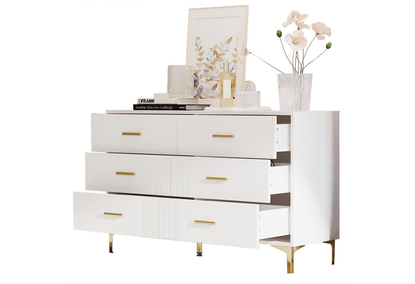Merax Sideboard mit 6 Schubladen (1 St., Aufbewahrungsschrank Schrank für Wohnzimmer Schlafzimmer Flur), Kommode mit Wellenfront und Metallfüßen, Buffet, H76/B1 – Bild 4 von 5