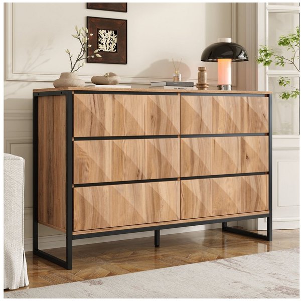 Merax Sideboard mit 6 Schubladen und Metallbeinen (Anrichte Kommode Buffetschrank Aufbewahrungsschrank, 1 St., 120x40x80cm), Kommode mit natürlichen Holztönen, 