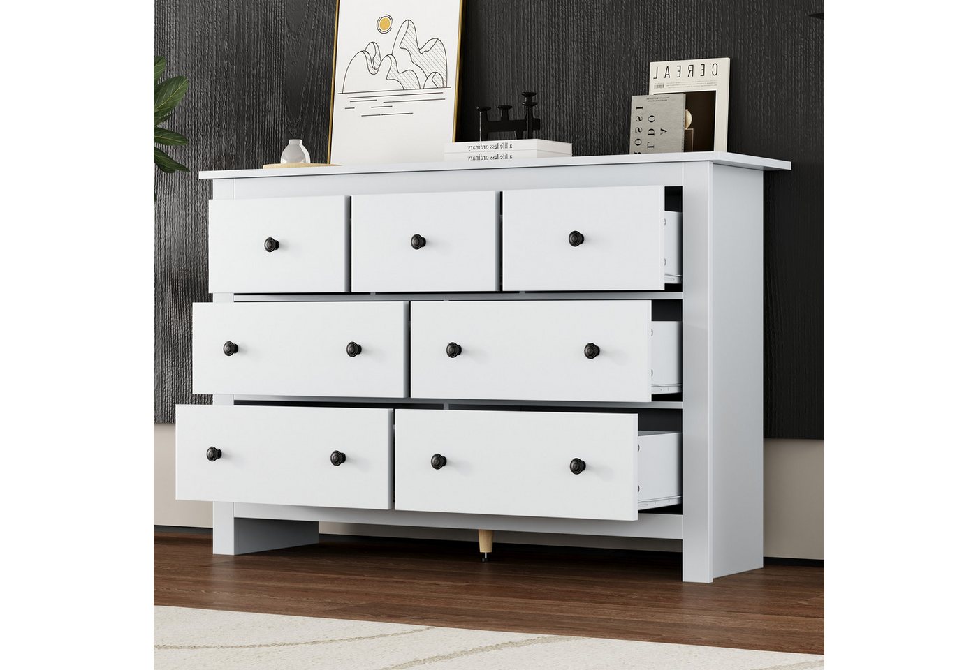 Merax Sideboard mit 7 Schubladen, Buffet Aufbewahrungsschrank Schrank (1 St), Kommode mit großem Stauraum, 152x40x89cm – Bild 2 von 5