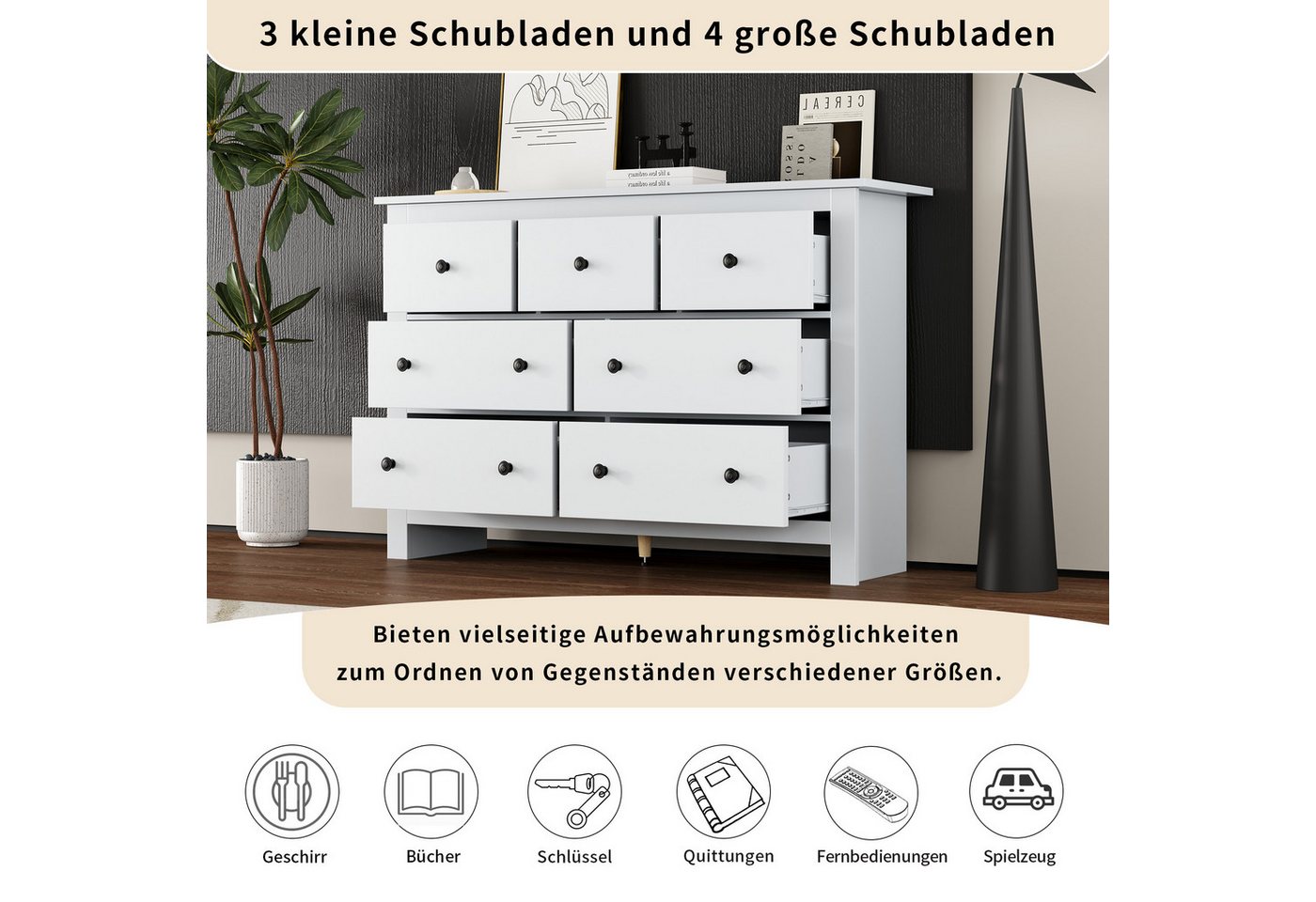 Merax Sideboard mit 7 Schubladen, Buffet Aufbewahrungsschrank Schrank (1 St), Kommode mit großem Stauraum, 152x40x89cm – Bild 4 von 5