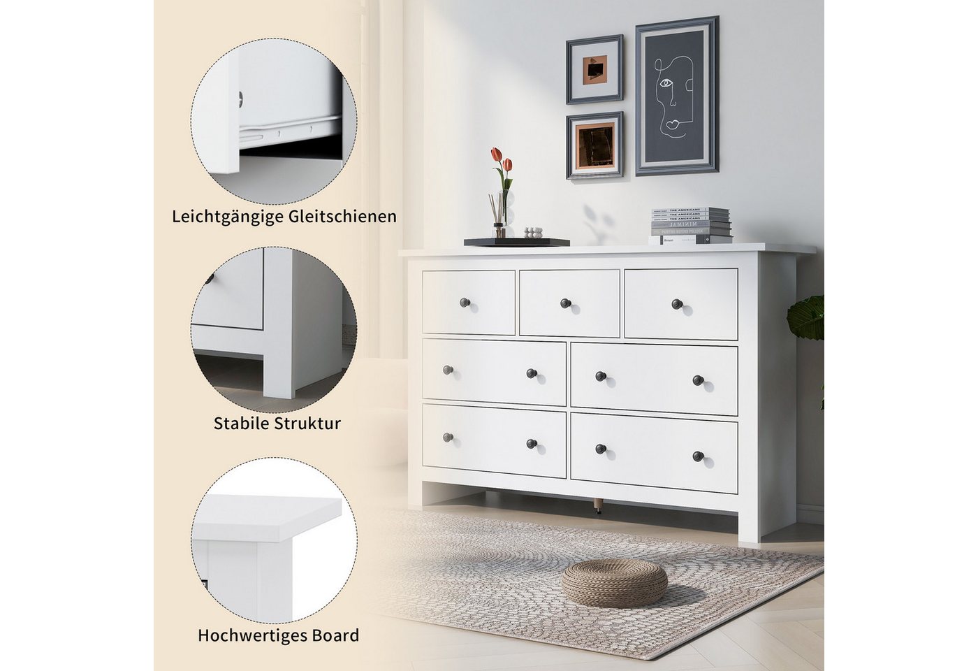 Merax Sideboard mit 7 Schubladen, Buffet Aufbewahrungsschrank Schrank (1 St), Kommode mit großem Stauraum, 152x40x89cm – Bild 5 von 5