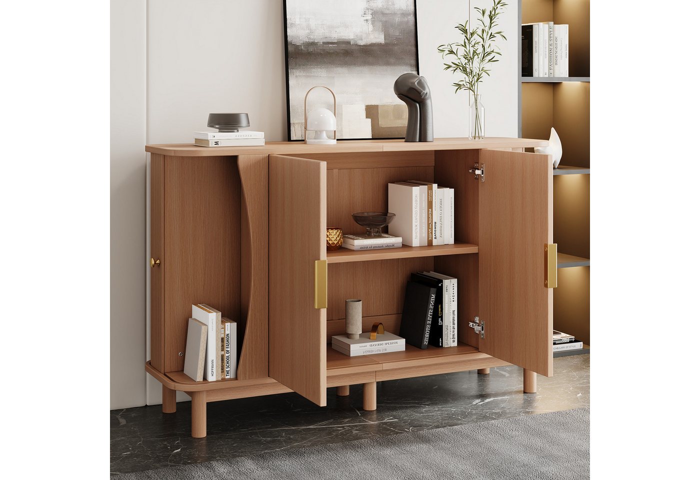 Merax Sideboard mit abgerundeten Kanten, Schrank Buffetschrank Anrichte (1 St), Kommode mit 2 Schiebetüren & Stauraum, 140x40x88cm – Bild 2 von 5