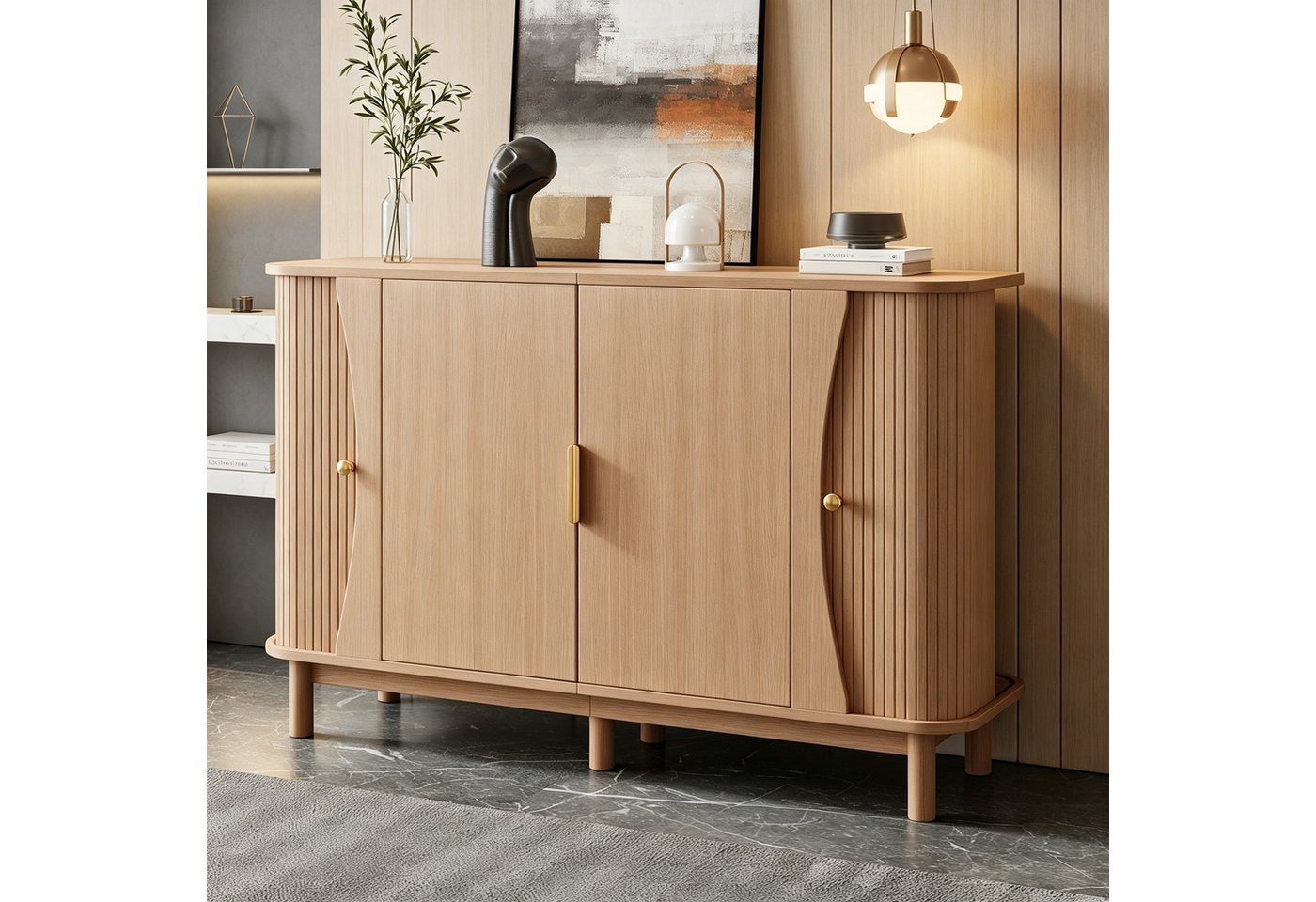 Merax Sideboard mit abgerundeten Kanten, Schrank Buffetschrank Anrichte (1 St), Kommode mit 2 Schiebetüren & Stauraum, 140x40x88cm – Bild 3 von 5