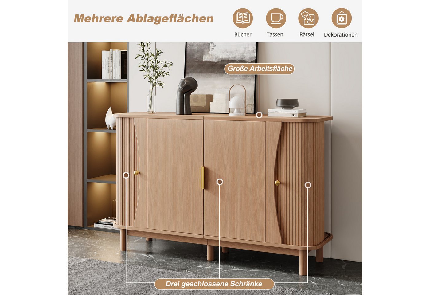 Merax Sideboard mit abgerundeten Kanten, Schrank Buffetschrank Anrichte (1 St), Kommode mit 2 Schiebetüren & Stauraum, 140x40x88cm – Bild 4 von 5