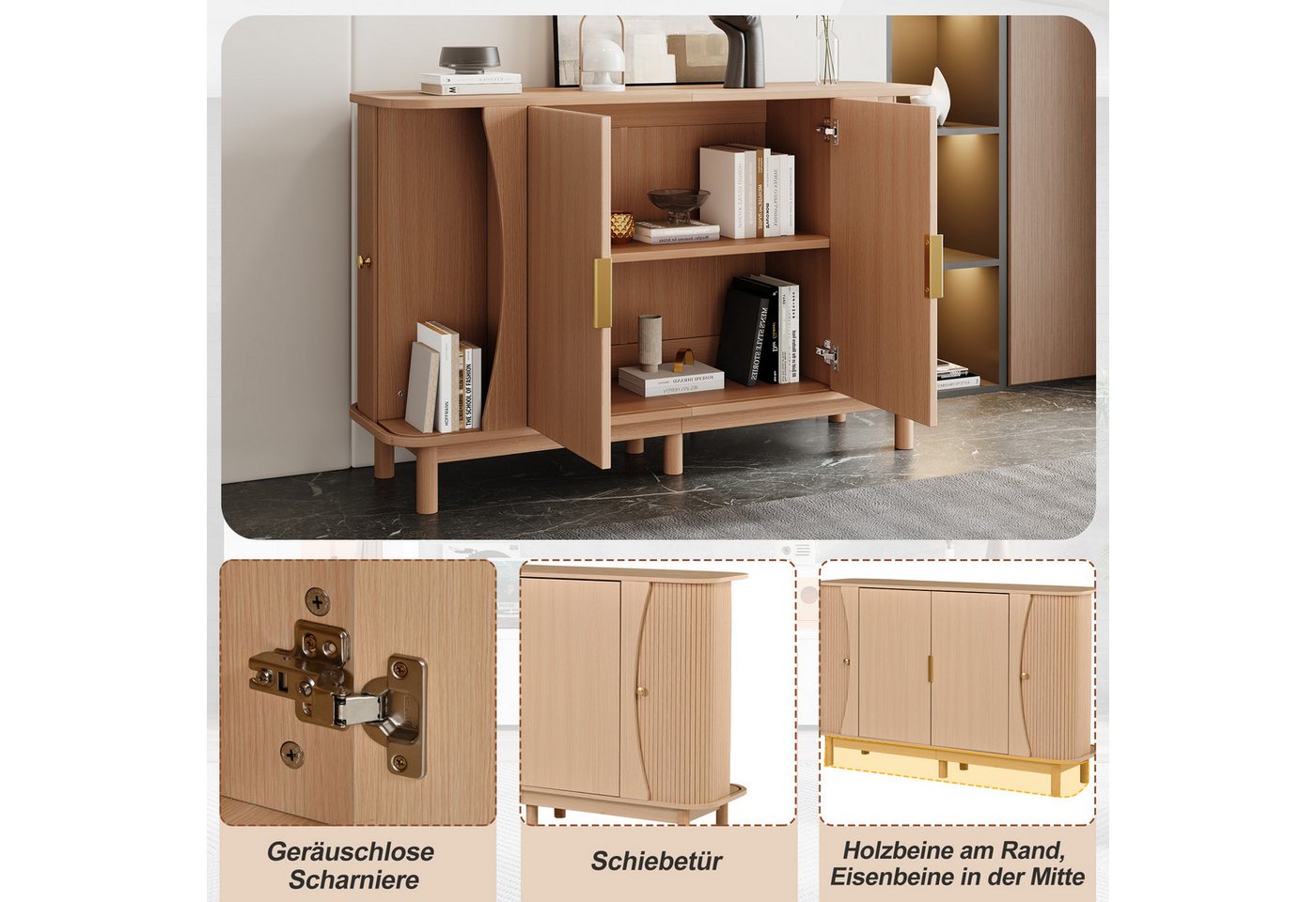 Merax Sideboard mit abgerundeten Kanten, Schrank Buffetschrank Anrichte (1 St), Kommode mit 2 Schiebetüren & Stauraum, 140x40x88cm – Bild 5 von 5