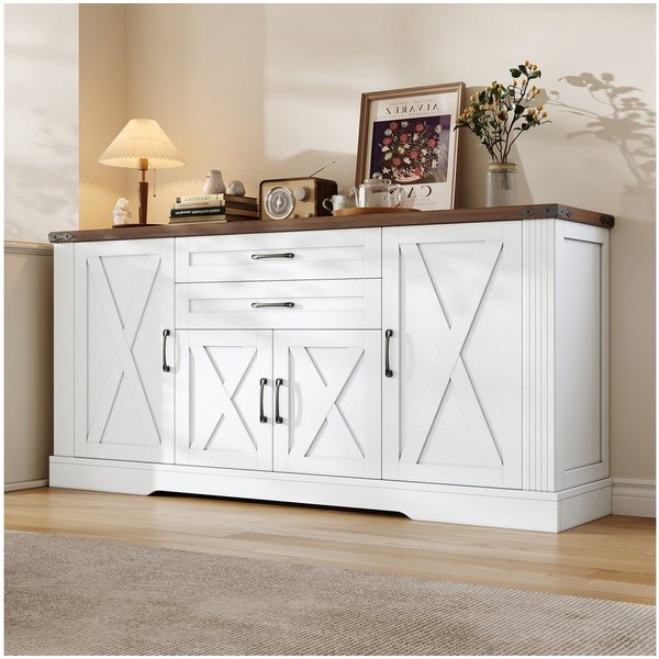 Merax Sideboard mit Arbeitsplatte, Küchenschrank Buffetschrank im Landhausstil (Aufbewahrungsschrank 160 x 39 x 81,5 cm, 1 St), Kommode mit 4 Türen, 2 Schublade
