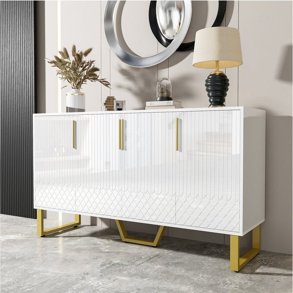 Merax Sideboard mit geometrisches Frontdesign (1 St., Buffetschrank für Wohnzimmer und Flur), Anrichte Kommode mit 4 Türen, Metallgriffe & Metallbeine, 140x40x8