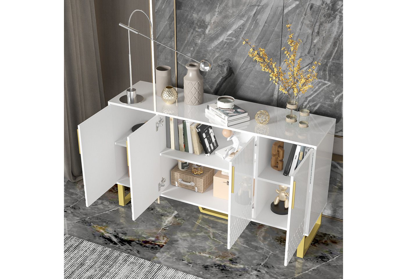 Merax Sideboard mit geometrisches Frontdesign (1 St., Buffetschrank für Wohnzimmer und Flur), Anrichte Kommode mit 4 Türen, Metallgriffe & Metallbeine, 140x40x8 – Bild 2 von 5