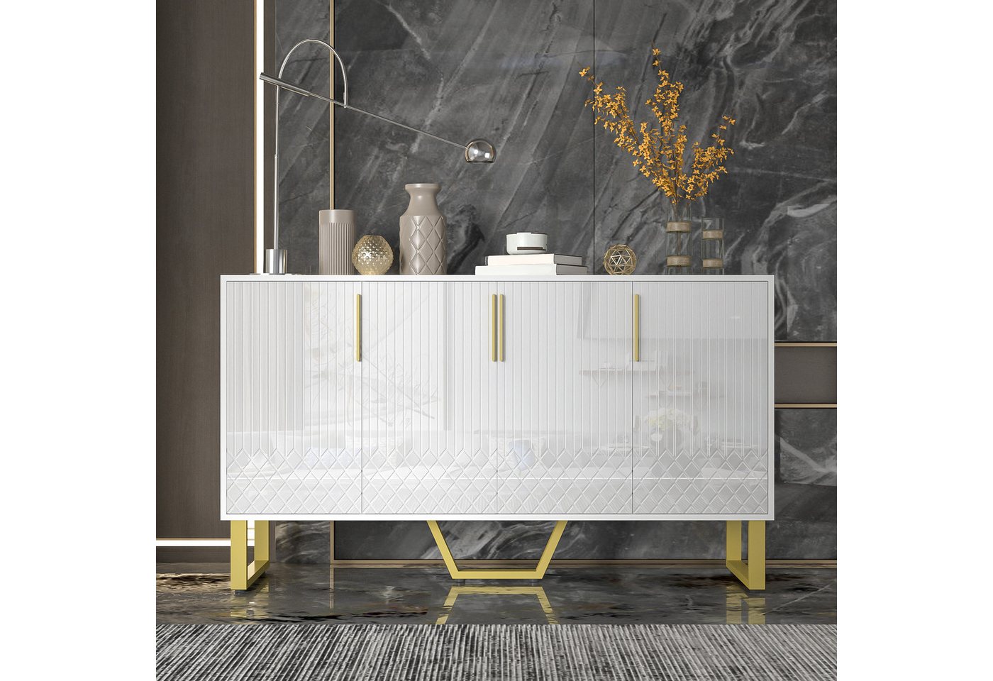Merax Sideboard mit geometrisches Frontdesign (1 St., Buffetschrank für Wohnzimmer und Flur), Anrichte Kommode mit 4 Türen, Metallgriffe & Metallbeine, 140x40x8 – Bild 3 von 5