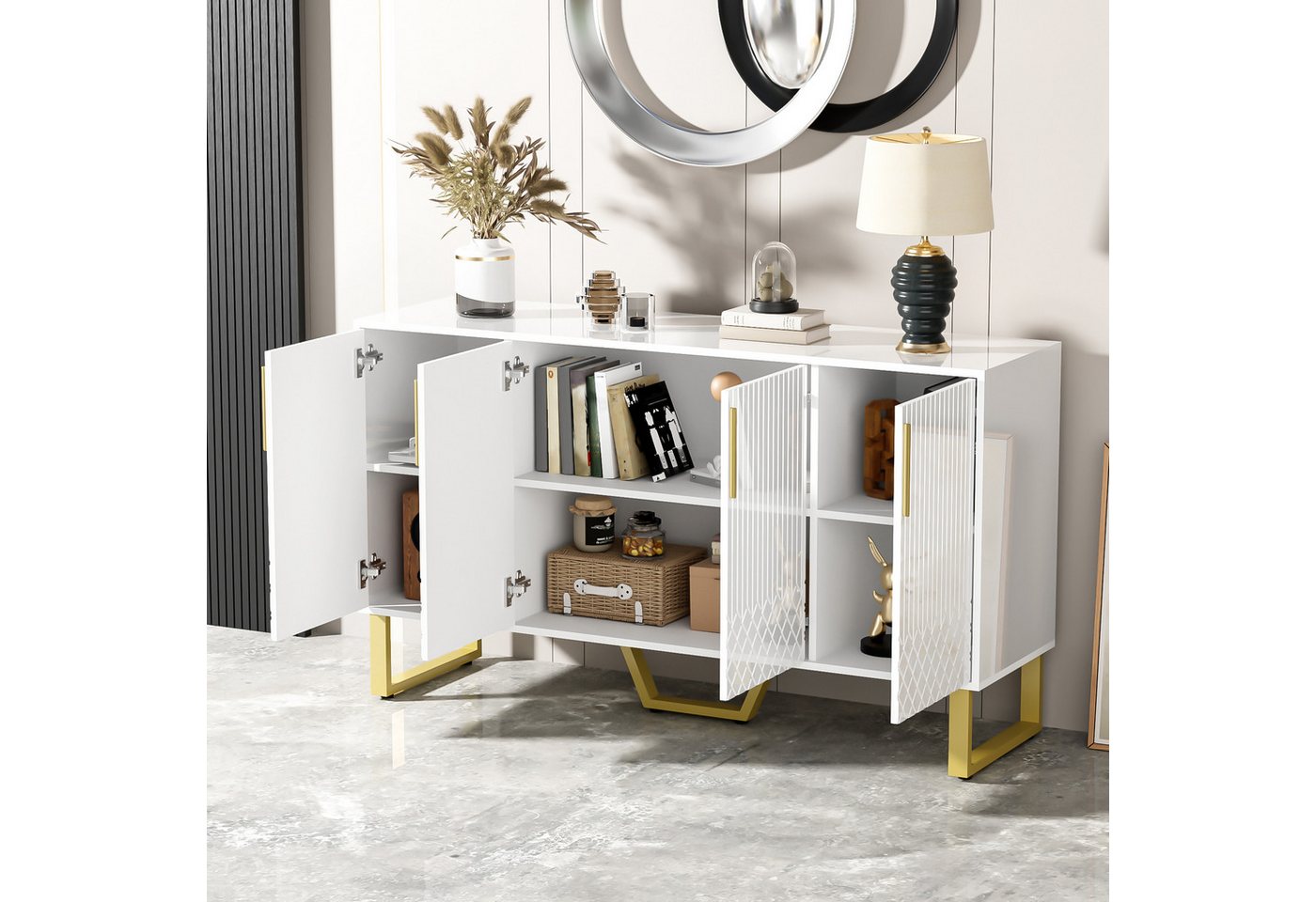 Merax Sideboard mit geometrisches Frontdesign (1 St., Buffetschrank für Wohnzimmer und Flur), Anrichte Kommode mit 4 Türen, Metallgriffe & Metallbeine, 140x40x8 – Bild 4 von 5