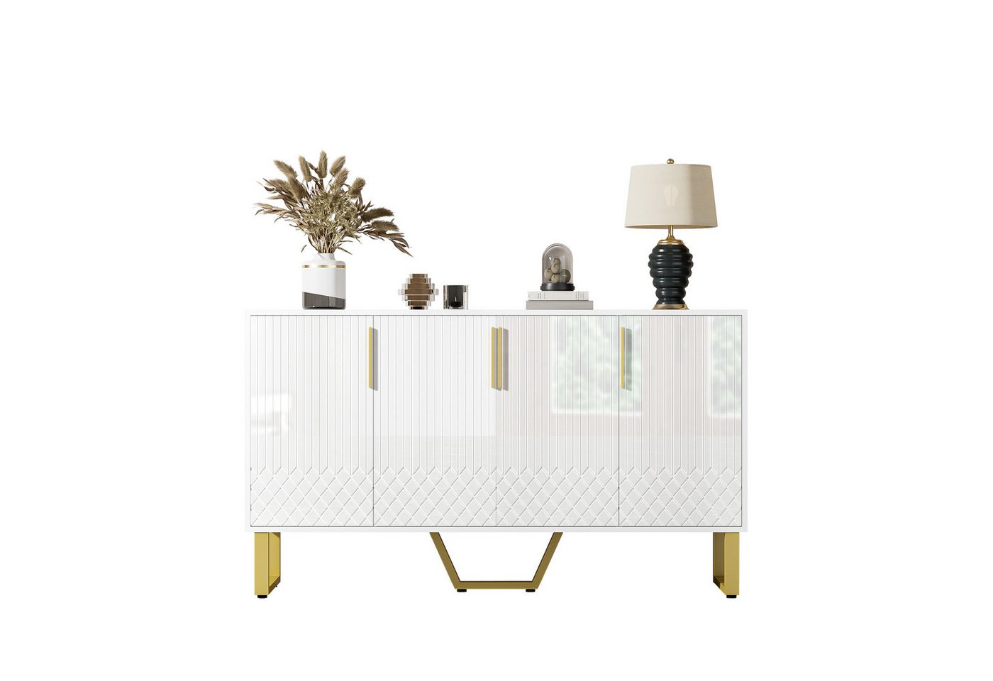 Merax Sideboard mit geometrisches Frontdesign (1 St., Buffetschrank für Wohnzimmer und Flur), Anrichte Kommode mit 4 Türen, Metallgriffe & Metallbeine, 140x40x8 – Bild 5 von 5
