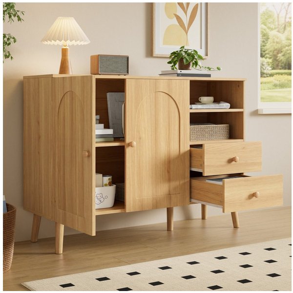 Merax Sideboard mit gewölbte Fronten, Holzgriffe, Holzfüße (1 St), Kommode mit 2 Türen, 2 Schubladen & offenen Fächern, 118x35x82cm