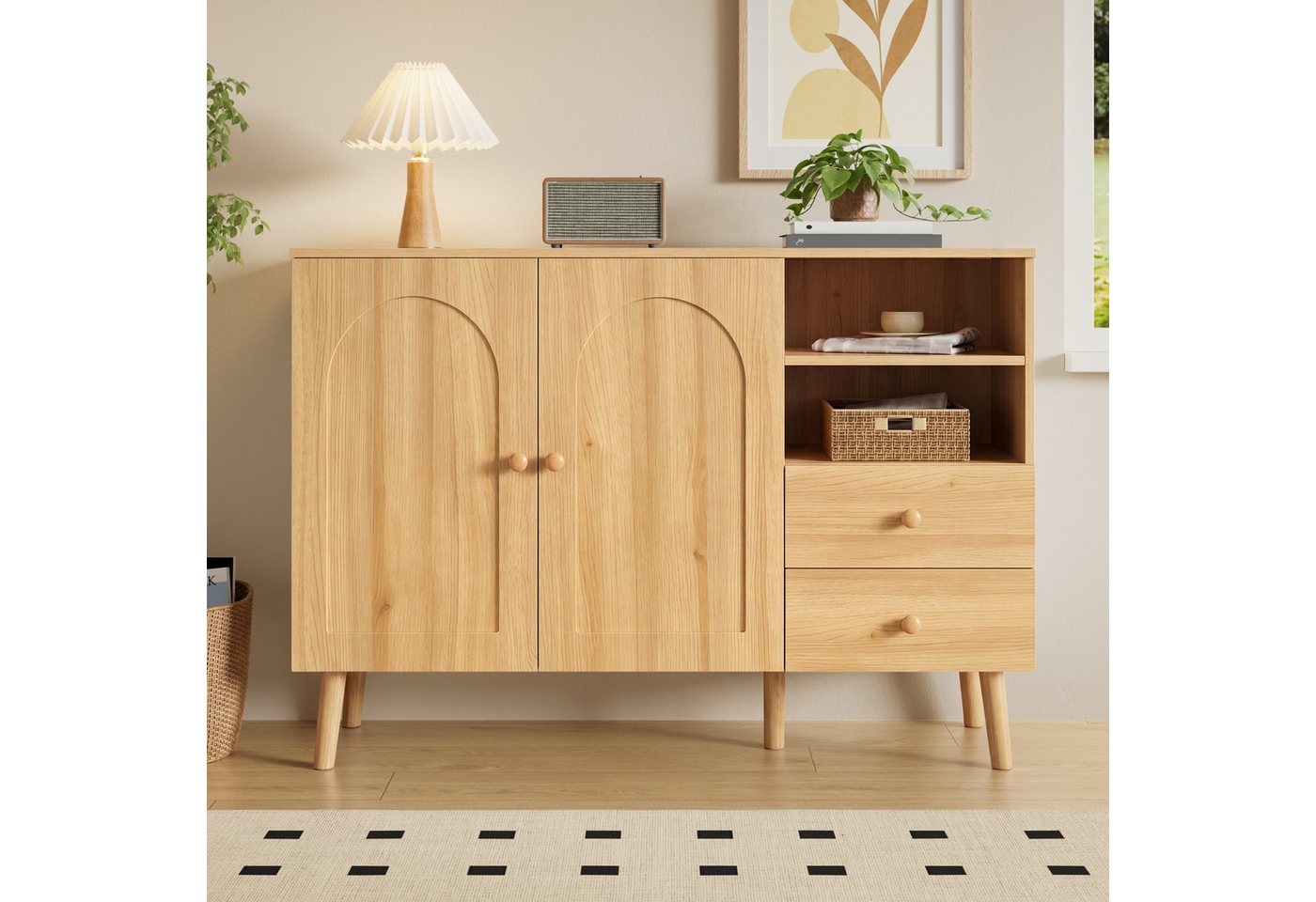 Merax Sideboard mit gewölbte Fronten, Holzgriffe, Holzfüße (1 St), Kommode mit 2 Türen, 2 Schubladen & offenen Fächern, 118x35x82cm – Bild 2 von 5