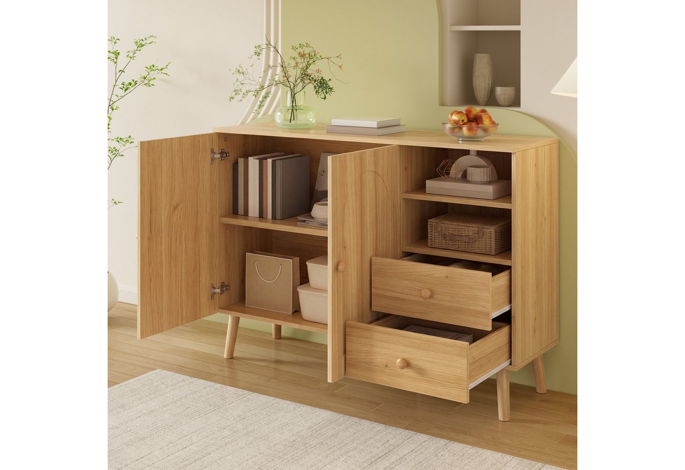 Merax Sideboard mit gewölbte Fronten, Holzgriffe, Holzfüße (1 St), Kommode mit 2 Türen, 2 Schubladen & offenen Fächern, 118x35x82cm – Bild 3 von 5