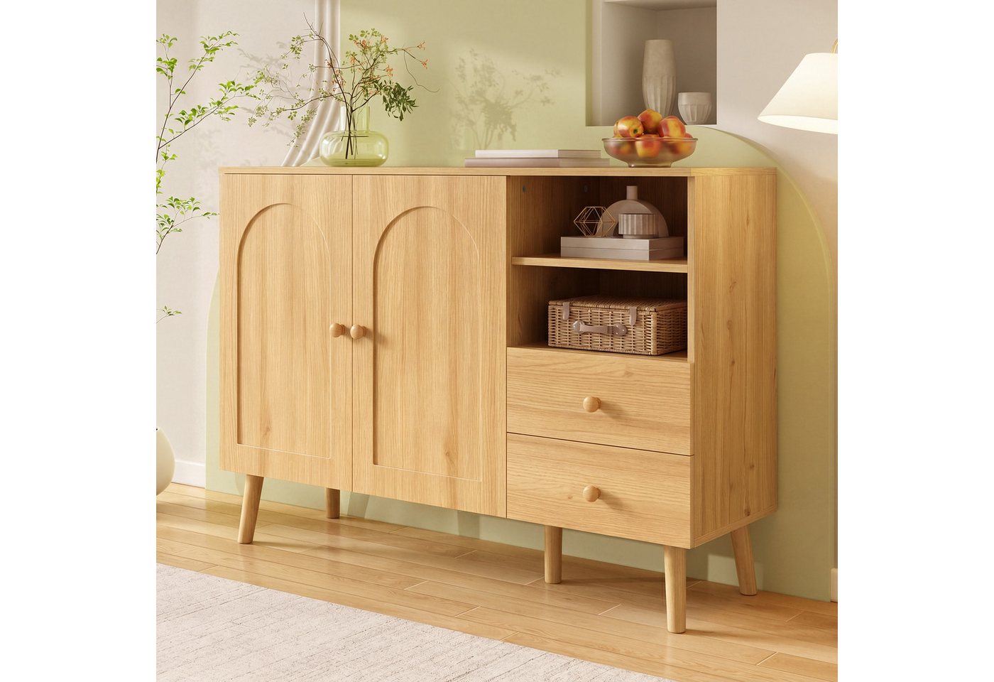 Merax Sideboard mit gewölbte Fronten, Holzgriffe, Holzfüße (1 St), Kommode mit 2 Türen, 2 Schubladen & offenen Fächern, 118x35x82cm – Bild 4 von 5