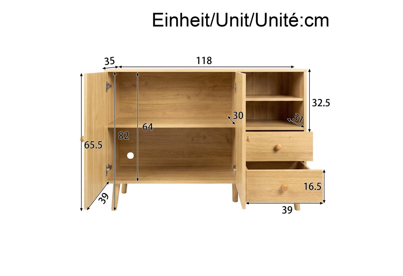 Merax Sideboard mit gewölbte Fronten, Holzgriffe, Holzfüße (1 St), Kommode mit 2 Türen, 2 Schubladen & offenen Fächern, 118x35x82cm – Bild 5 von 5