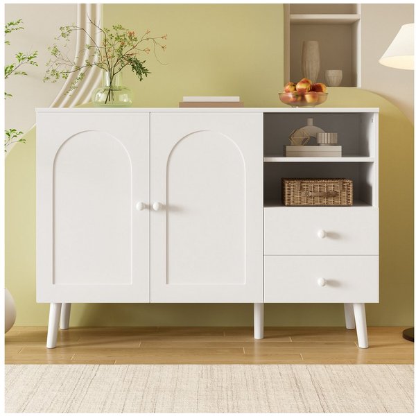 Merax Sideboard mit gewölbte Fronten, Holzgriffe, Holzfüße (1 St), Kommode mit 2 Türen, 2 Schubladen & offenen Fächern, 118x35x82cm