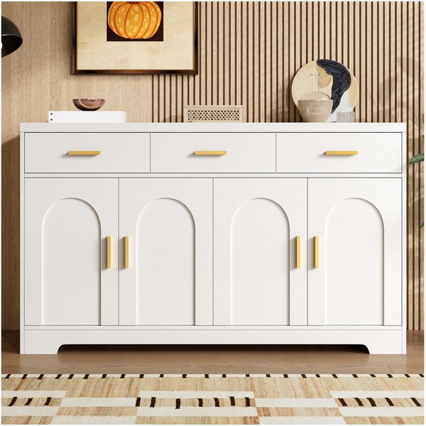 Merax Sideboard mit goldenen Metallgriffen, Dielenschrank Wohnzimmerschrank (140 x 40 x 83 cm, 1 St), Kommode mit 4 Bogen-Türen,3 Schubladen,höhenverstellbaren 