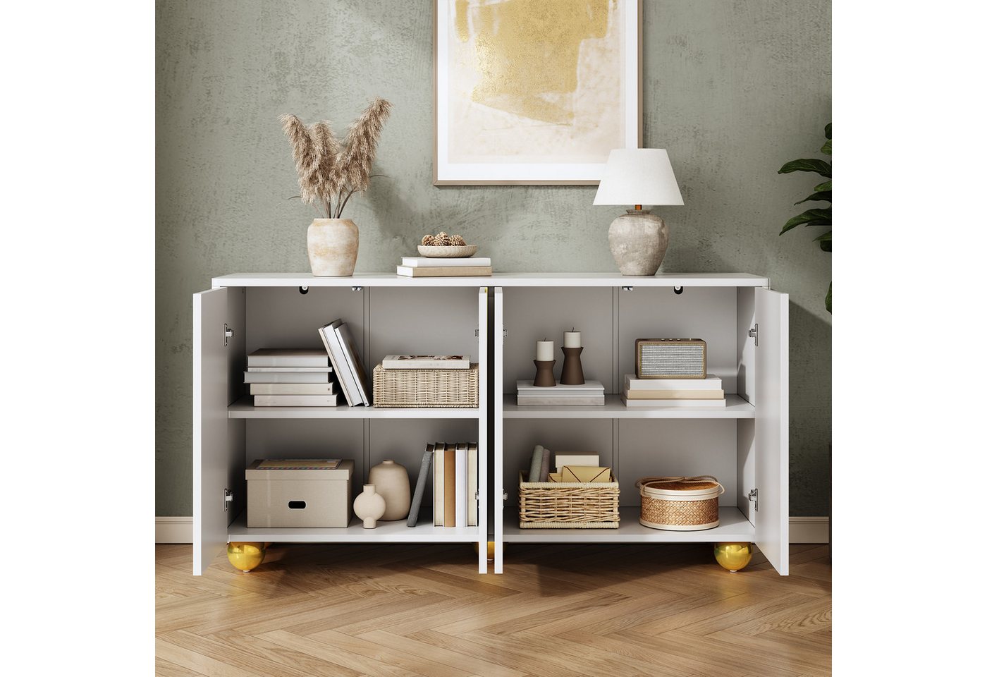 Merax Sideboard mit Goldlinien-Dekor, Wohnzimmerschrank Aufbewahrungsschrank (1 St), Kommode mit 4 Türen, Metallfüßen & Stauraum, 140Lx40Bx74H cm – Bild 2 von 5