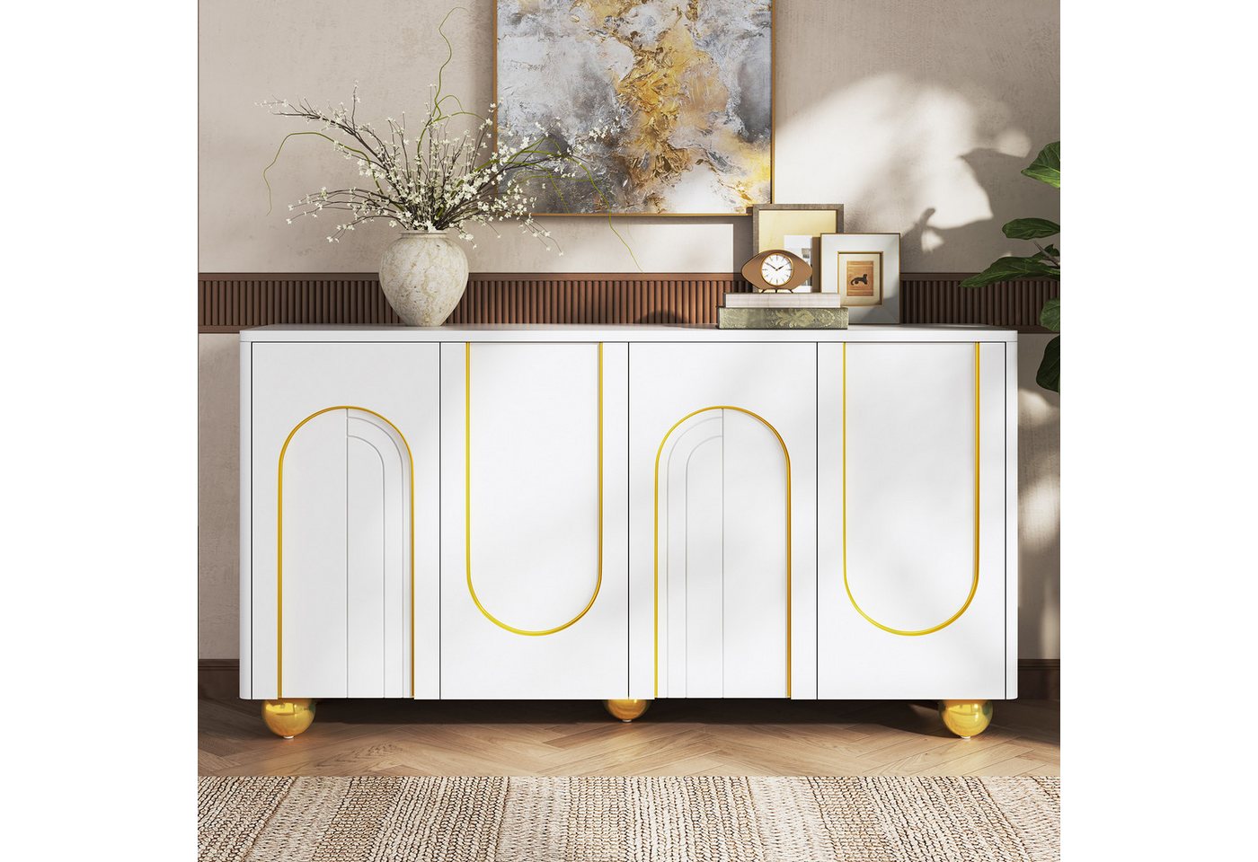 Merax Sideboard mit Goldlinien-Dekor, Wohnzimmerschrank Aufbewahrungsschrank (1 St), Kommode mit 4 Türen, Metallfüßen & Stauraum, 140Lx40Bx74H cm – Bild 3 von 5
