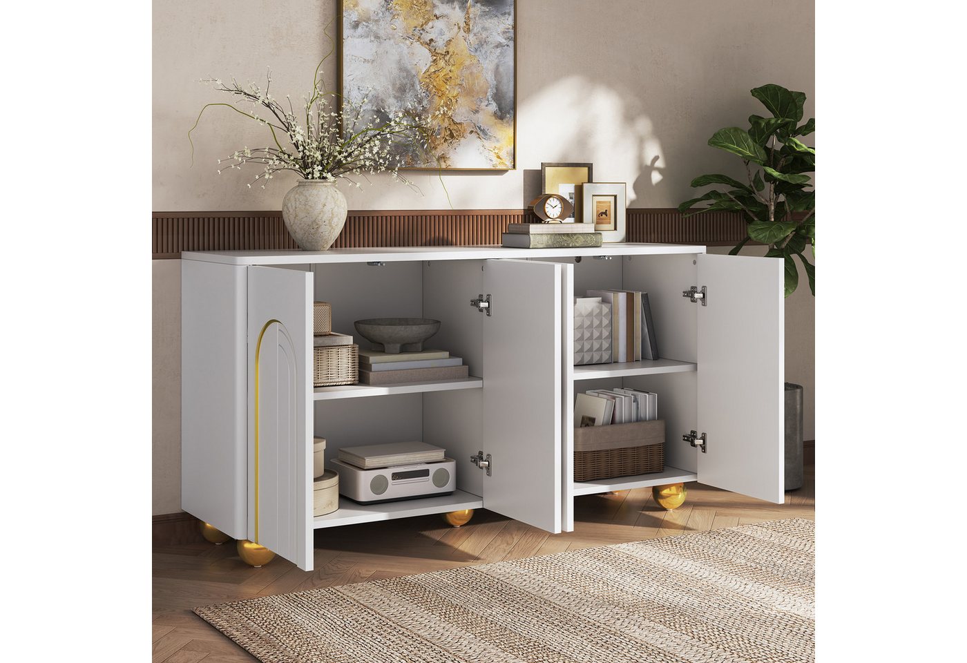 Merax Sideboard mit Goldlinien-Dekor, Wohnzimmerschrank Aufbewahrungsschrank (1 St), Kommode mit 4 Türen, Metallfüßen & Stauraum, 140Lx40Bx74H cm – Bild 4 von 5